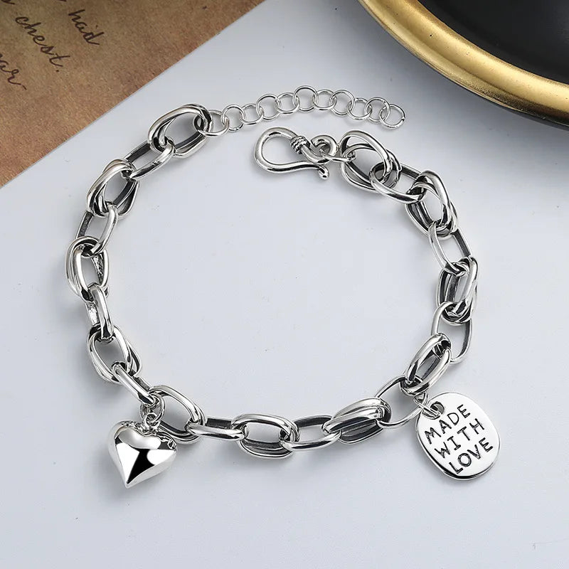 2024 Popular 925 Sterling Silver Bracelet Love Heart Letter Bracelet Vintage Oval Plaque Bracelet