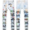 AeeDenim Customize Jeans Ripped Craft Tie Floating Hand-painted Elastic Pants Star Embroidery Small Straight Denim Jeans