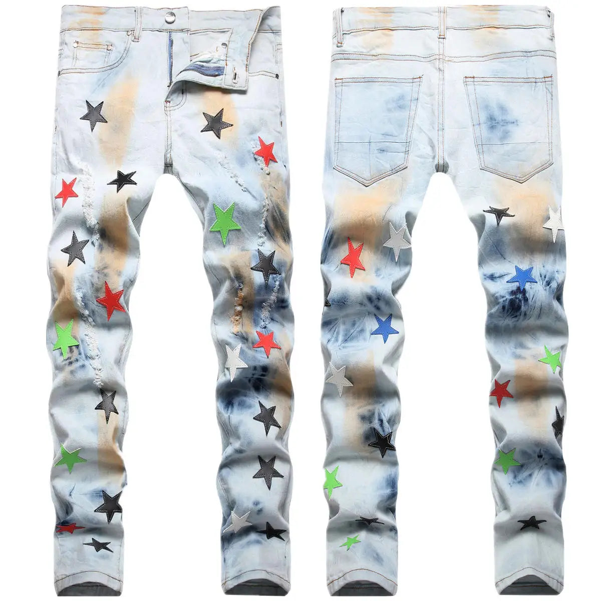 AeeDenim Customize Jeans Ripped Craft Tie Floating Hand-painted Elastic Pants Star Embroidery Small Straight Denim Jeans
