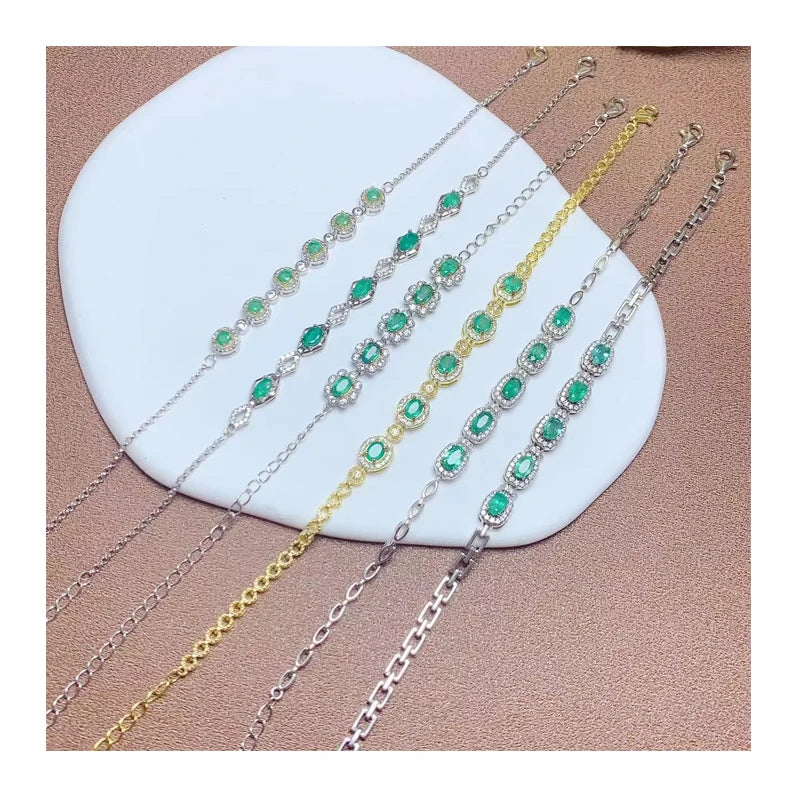 925 Sterling Silver Natural Emerald Charm Bracelet Femme Tendance New Design with Rhodium and Gold Plating for Gift or Party