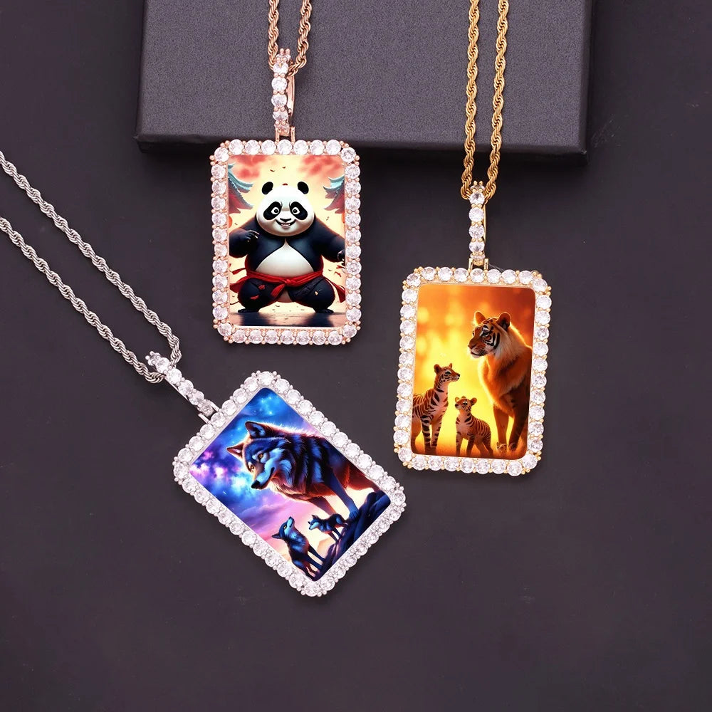 78*39mm DIY Iced Out Rectangle Picture Memory Frame Large Square Photo Pendant Jewelry Hip Hop Full Cubic Zircon Charm Necklaces
