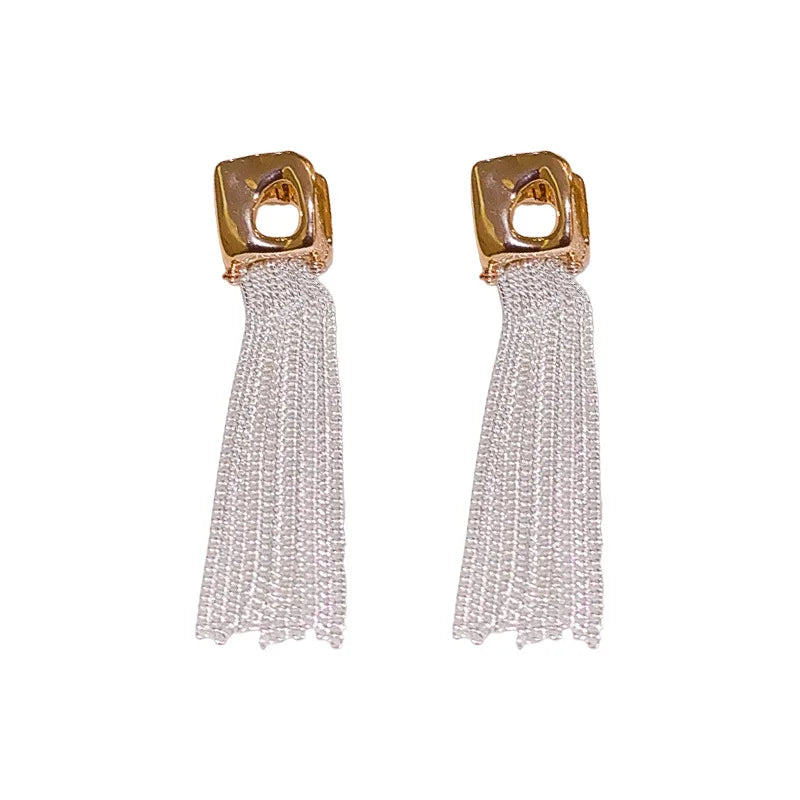 Fashion 925 Sterling Silver Post Metal Tassel Earring Gold Plated Square Long Tassel Earrings Women