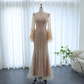 Jancember SZ227 Dubai Long Sleeve Feather Golden Mermaid Evening Party Dresses