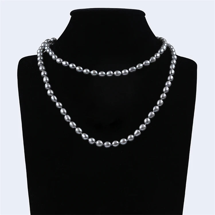 7-8mm Simple Elegant Rice Bead Necklace FreshWater Real Pearl Natural Gray