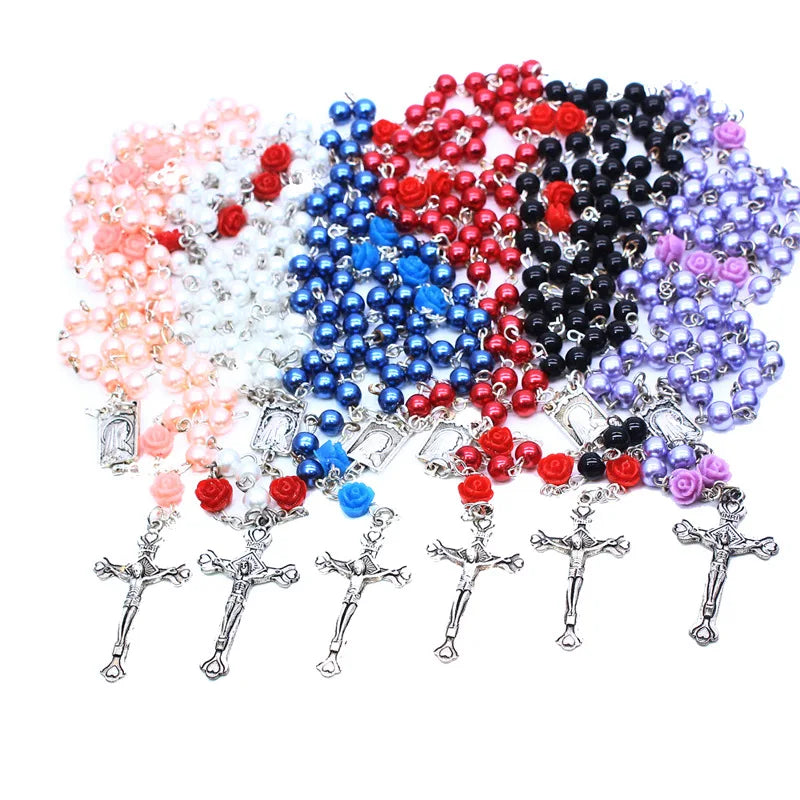 2025 Round Glass Bead 6mm Beads Zinc Alloy Orthodox Cross Jesus Necklace Wholesale Inri Religious Rosary Catholic Necklace