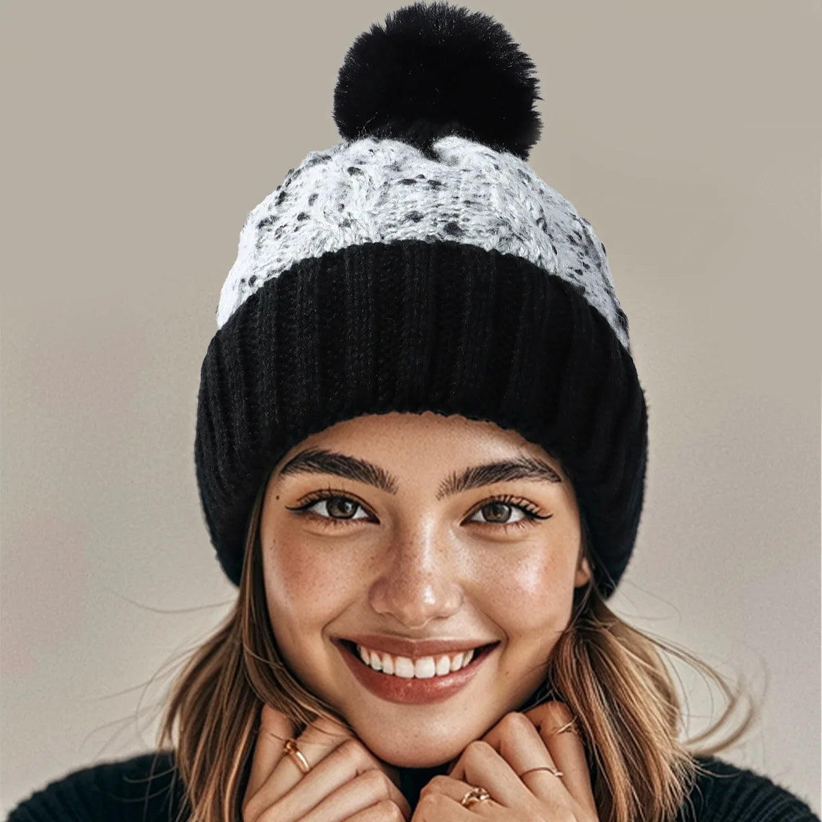 Custom Logo Women's Winter Seed Stitched Confetti Pom Mohair Beanie Hat