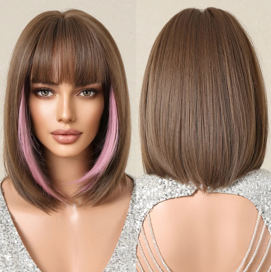 Immediate Delivery Synthetic Medium Long Straight Brown Mixed Pink Wig with Bangs Hair Bob Wigs for Women Heat Resistant Natural