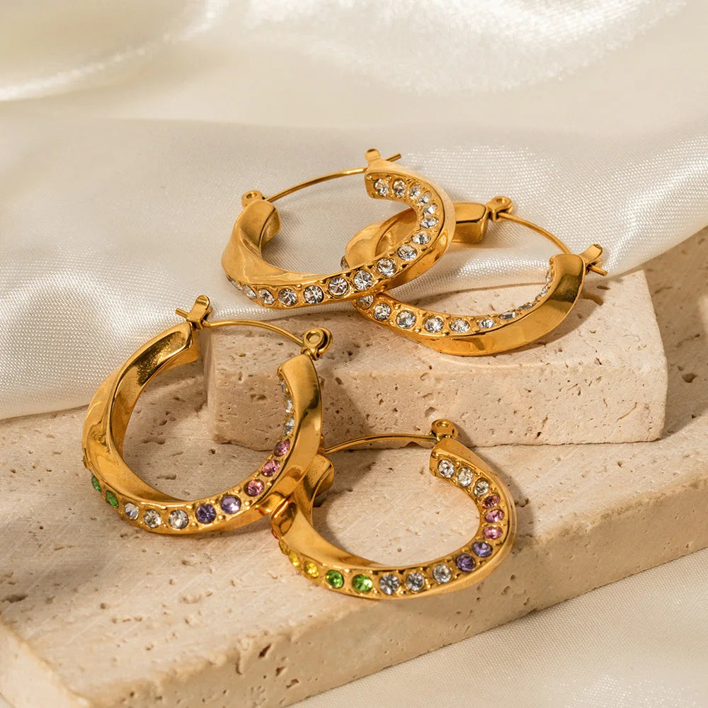 18K Gold Stainless Steel White Mobius Diamond Earrings Formal Party Wear Chunky Twist Hoop Earrings for Women