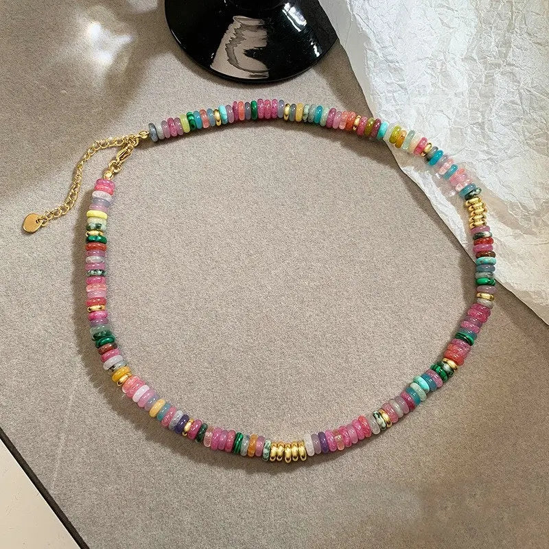 Dainty Rainbow Tourmaline Stone Necklace Stainless Steel Abacus Beaded Necklace Balancing Yoga Jewelry for Women Birthday Gift