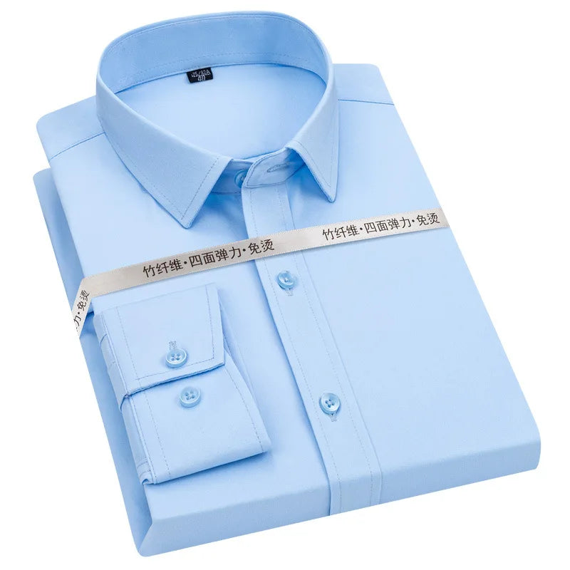 Men Non-ironing Long Sleeve Shirts Elastic Spring Office Business Button Lapel Solid Color Slim Fit Casual  New Fashion Shirt