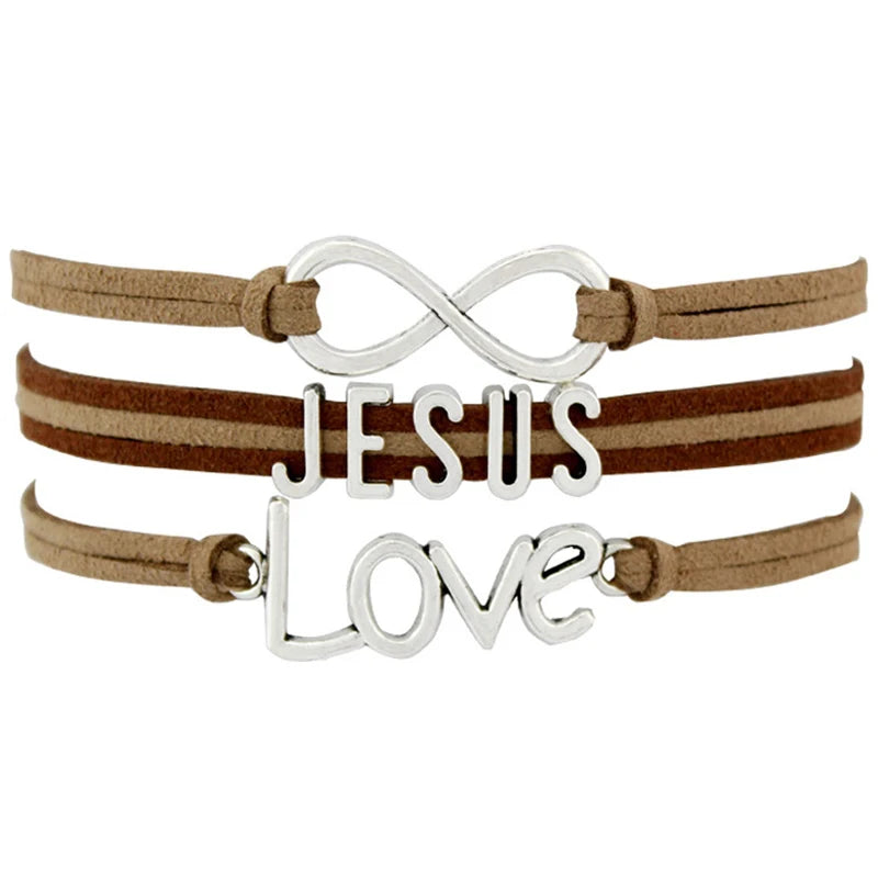 Factory Infinity Love Faith Believe Fearless Courage Jesus Love Me Forgiven Sideways Cross Christian Wrap Leather Bracelet