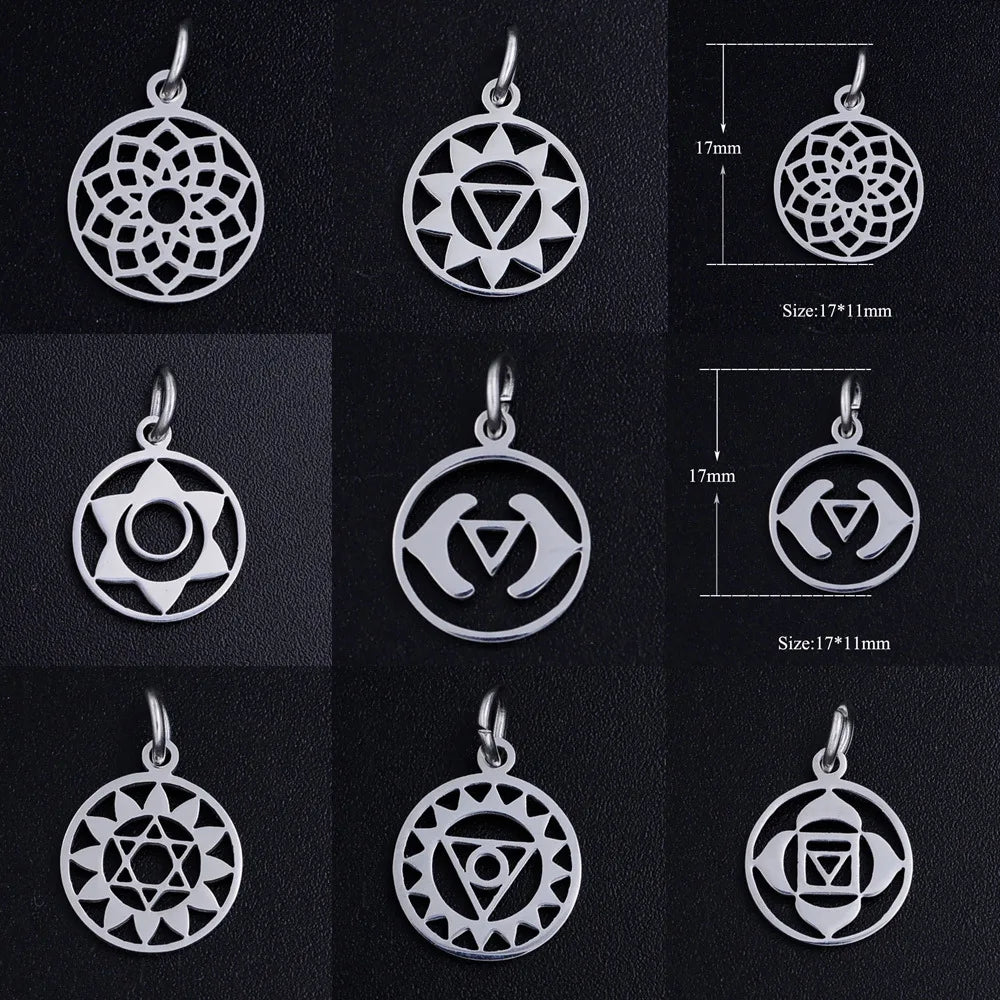 Polishing Circle 100% Stainless Steel Laser Cut Rainbow Hollow Yoga Seven-wheel Earring Charm Pendant for Bracelets Bulk