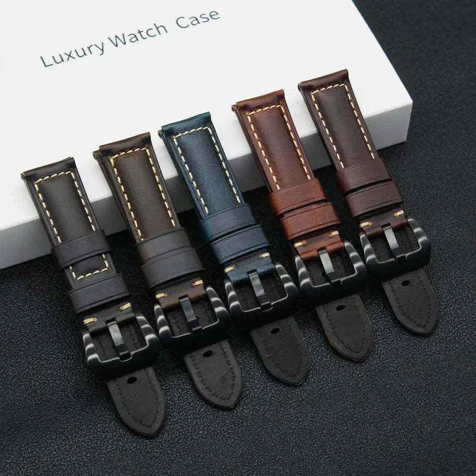 Custom Smooth Leather Watch Wrist Band 20mm 22mm 24mm 26mm Vintage Side Stitching Strap Italian Waxed Leather Watch Straps