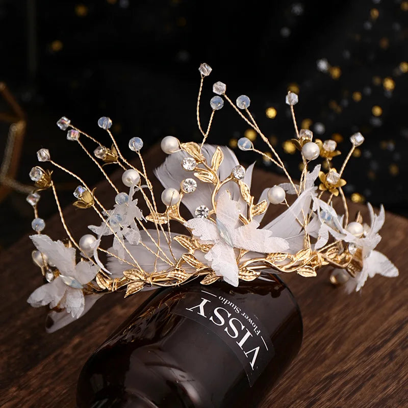 Handmade Feather Headdress Wedding Bridal Pageant Rhinestone Crystal Tiaras Crown Molding Headpieces for Queens and Bride