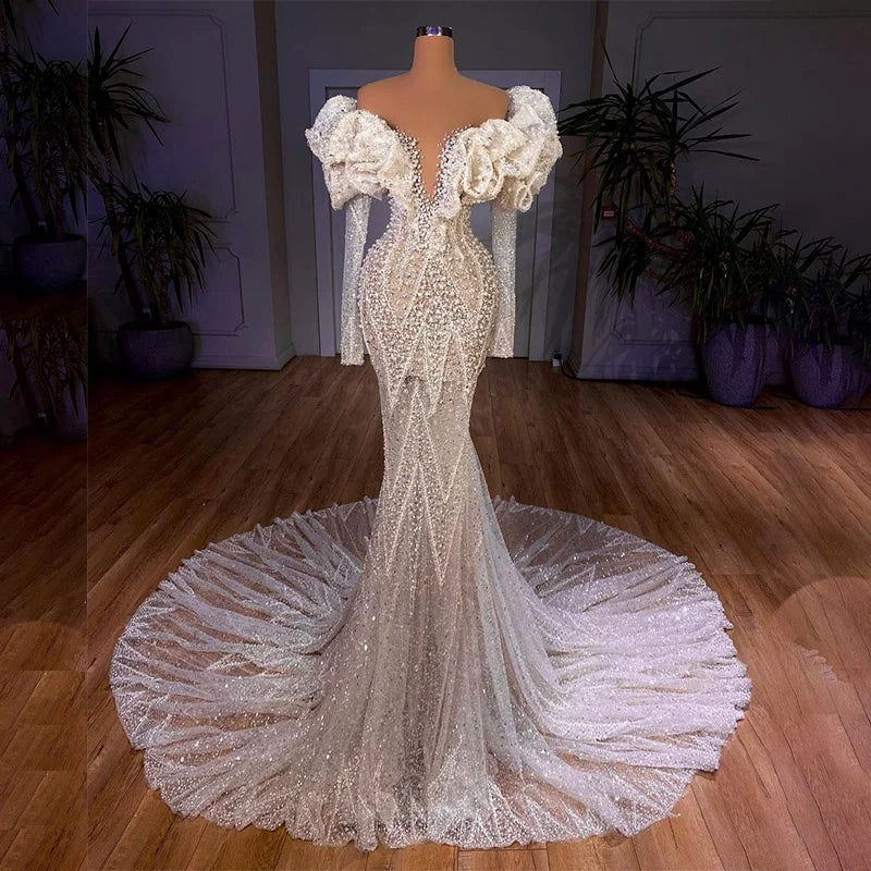 Jancember ARSM67280 Latest Style Elegant Luxury Full Sleeve Wedding Dress