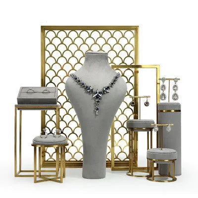 New fashion jewelry display stand luxury metal gray microfiber jewelry set showcase display props