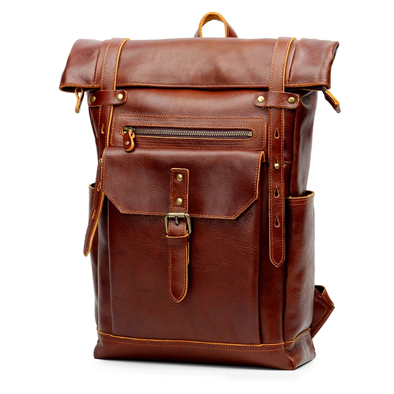 Vintage Men's Crazy Horse Leather 16 Inch Laptop Backpack Large Capacity Travel Backpack Genuine Leather Backpack for Men