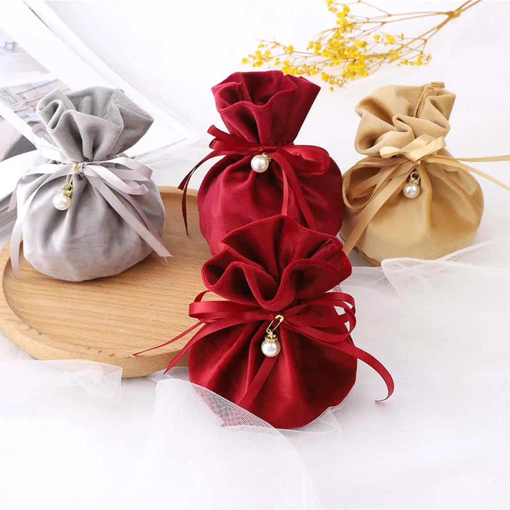 Pearl Ribbon Chocolate Candy Drawstring Bag Round Velvet Bag Jewelry Gift Pouch for Wedding Favors Chocolate Jewelry Packaging