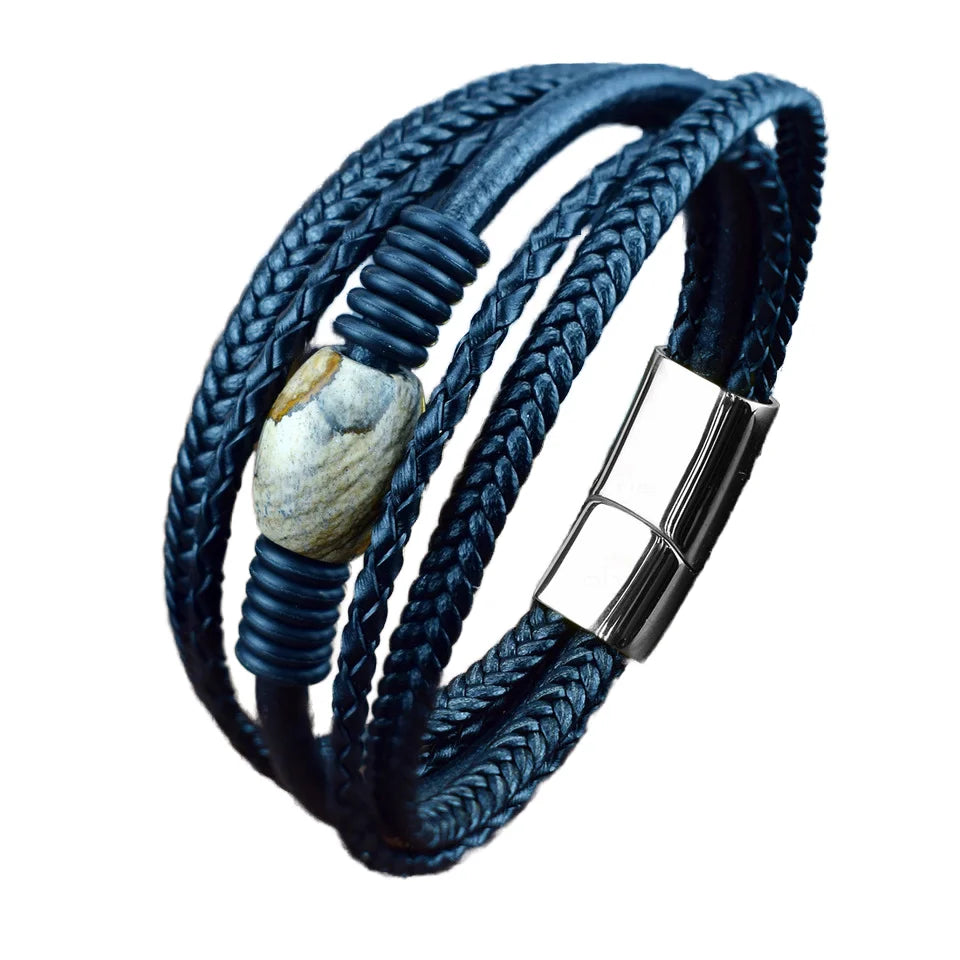 Men's and Women's Cool Adjustable Cord Stainless Steel Bracelet with Black Leather Fashionable Bangles