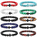 8mm Natural Stone Bracelet with Cross Beads Lava Rock Howlite Turquoise Tiger Eye Elastic Stretch Religious Healing Bracelet