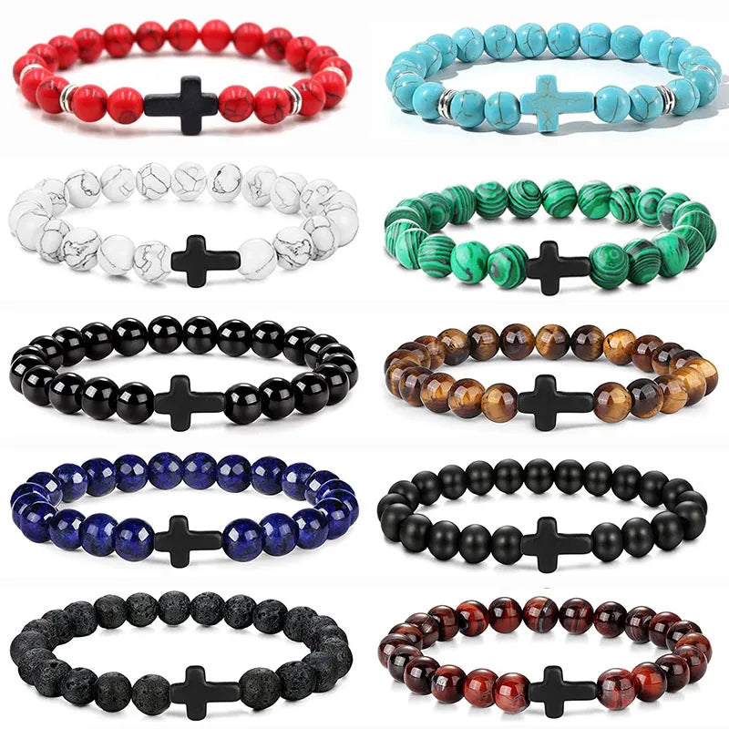 8mm Natural Stone Bracelet with Cross Beads Lava Rock Howlite Turquoise Tiger Eye Elastic Stretch Religious Healing Bracelet