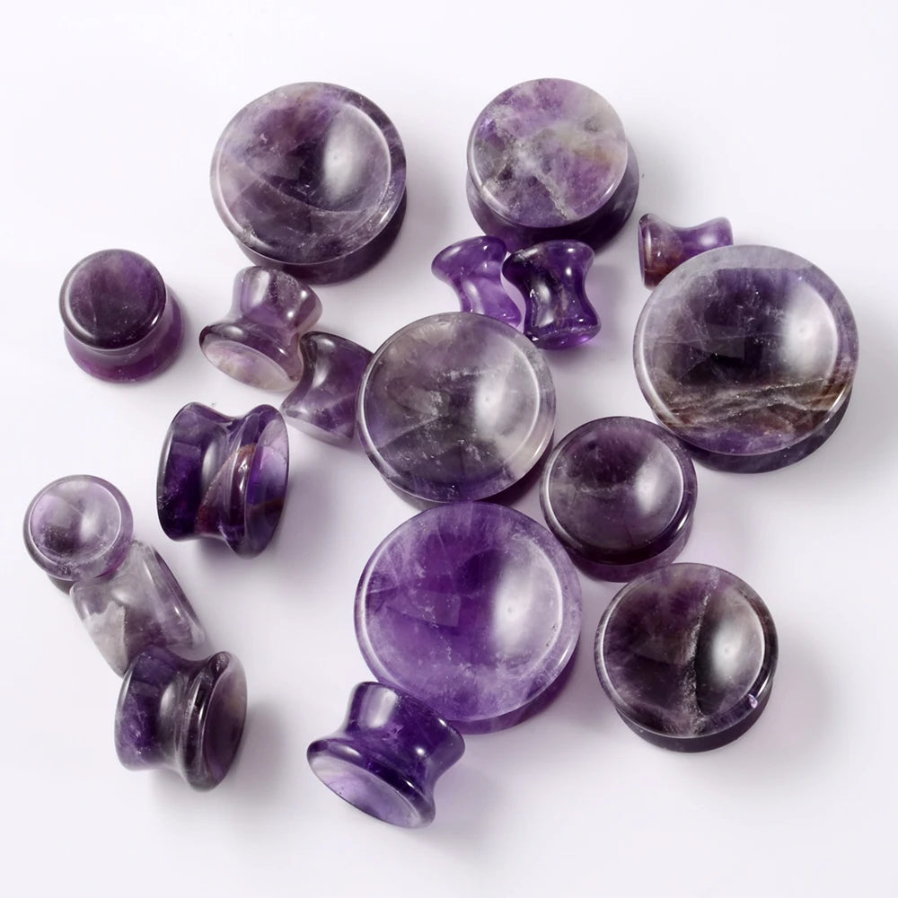 Set of 90 Organic Natural Amethyst Cat Eye Concave Ear Plug Double Flare 6mm Solid Ear Gauge Body Jewelry Piercing