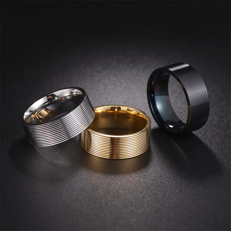 8mm Cheap Beautiful Stainless Steel Finger Rings Threaded Design Minimalism Black Gold Filled Ring