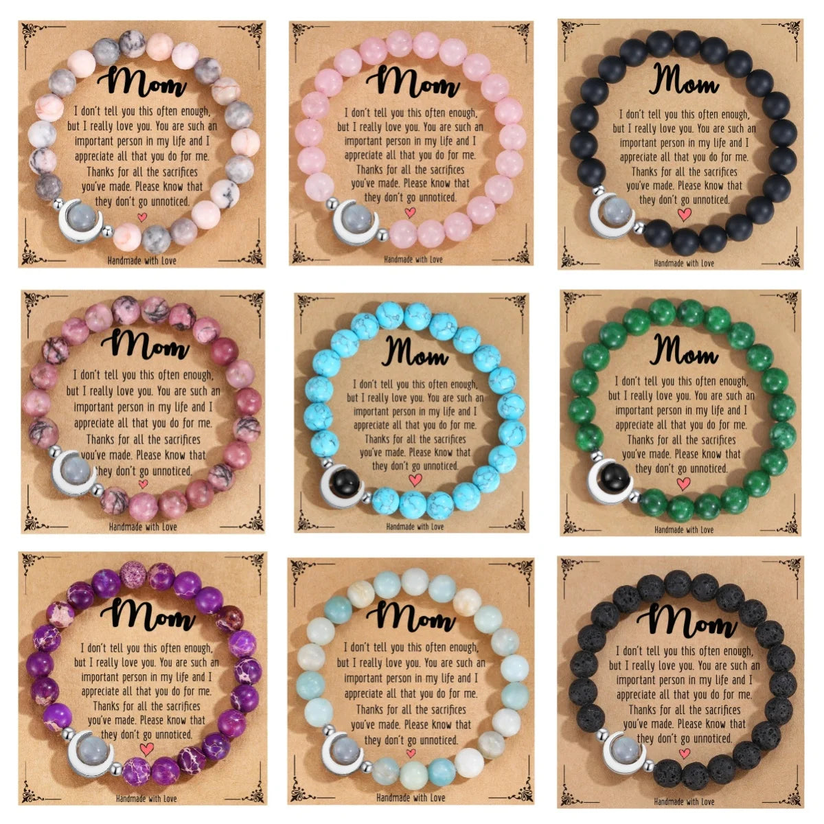 Dainty Natural Stone Moon Bracelets Mothers Day Gift Pink Zebra Stone Heart Pendant Card Bracelet Jewelry for Mom