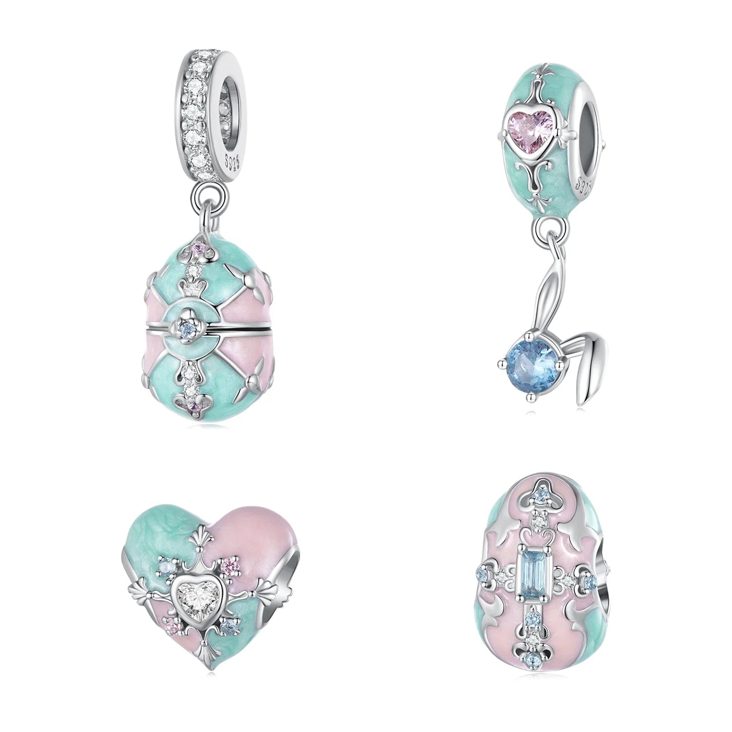 925 Sterling Silver Enamel Rabbit Easter Egg Basket Charms Pendant Easter Bow Bead Fit Bracelets Necklace DIY Jewelry Gift