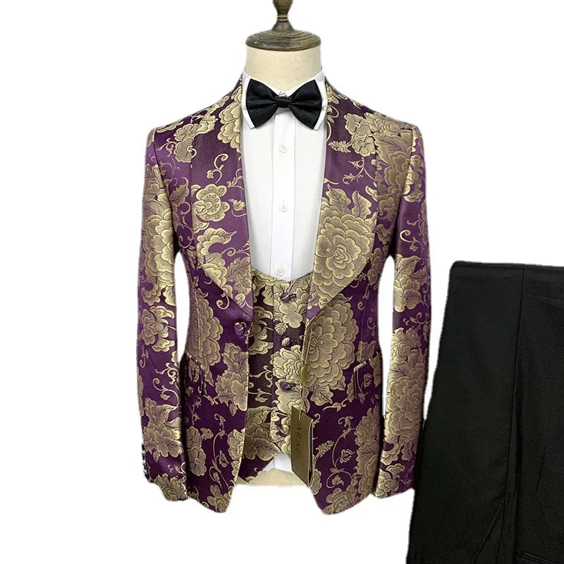 XS-2XL Suit Men's Dress High-end Pattern Banquet Wedding Green Collar Three-piece Dance Performance Dress