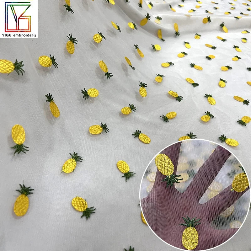 Fruit Embroidery Children's Clothing Dress Lace Fabric Pineapple Pattern Fabric High Density Embroidery Mesh Lace Fabric