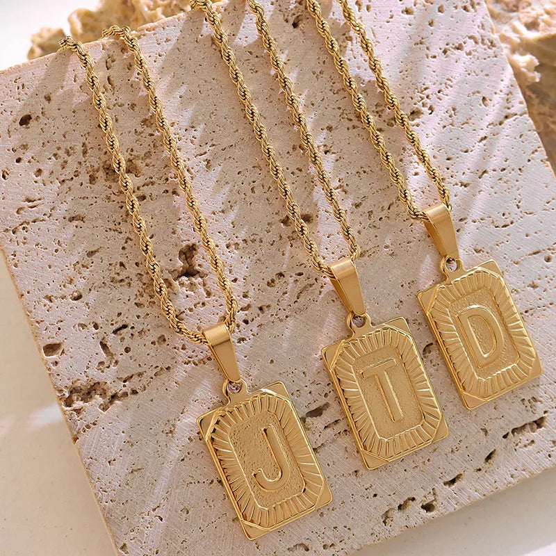 Fashion Stainless Steel 18K Gold Plated Hypoallergenic Twisted Rope Chain Texture Rectangle  Initial Letters Pendant Necklace
