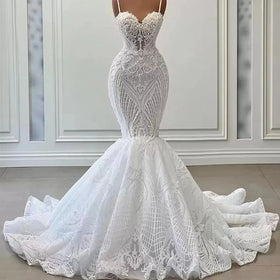 S8270F Custom Made Pearl Beaded Mermaid Plus Size Spaghetti Straps See Through Fish Tail Bridal Gown Elegant Wedding Dress