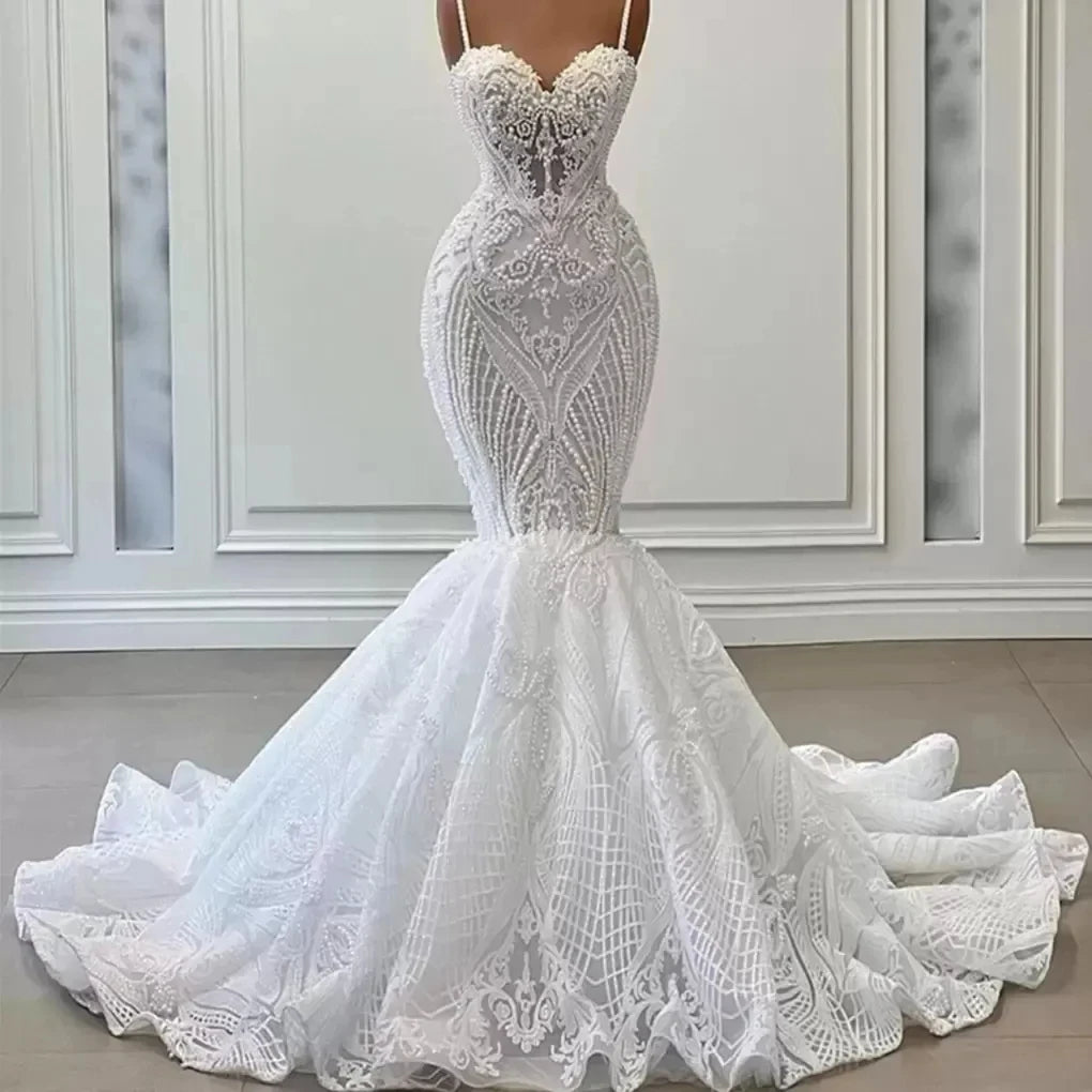 S8270F Custom Made Pearl Beaded Mermaid Plus Size Spaghetti Straps See Through Fish Tail Bridal Gown Elegant Wedding Dress