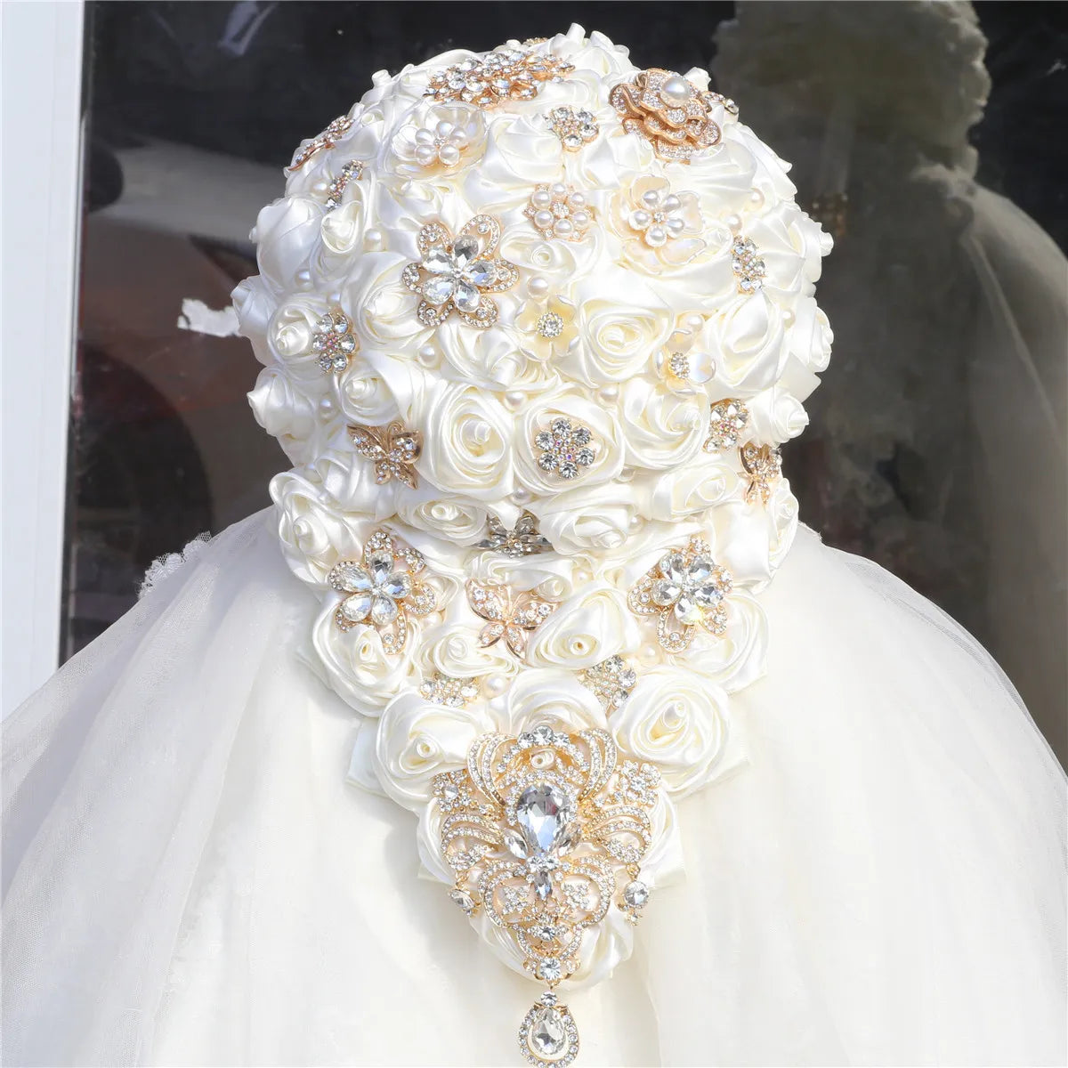 16*32*23cm Multicolor Wedding Waterfall Bridal Bouquet Rhinestone Ribbon Rose Bridal Bouquet MegaBDM