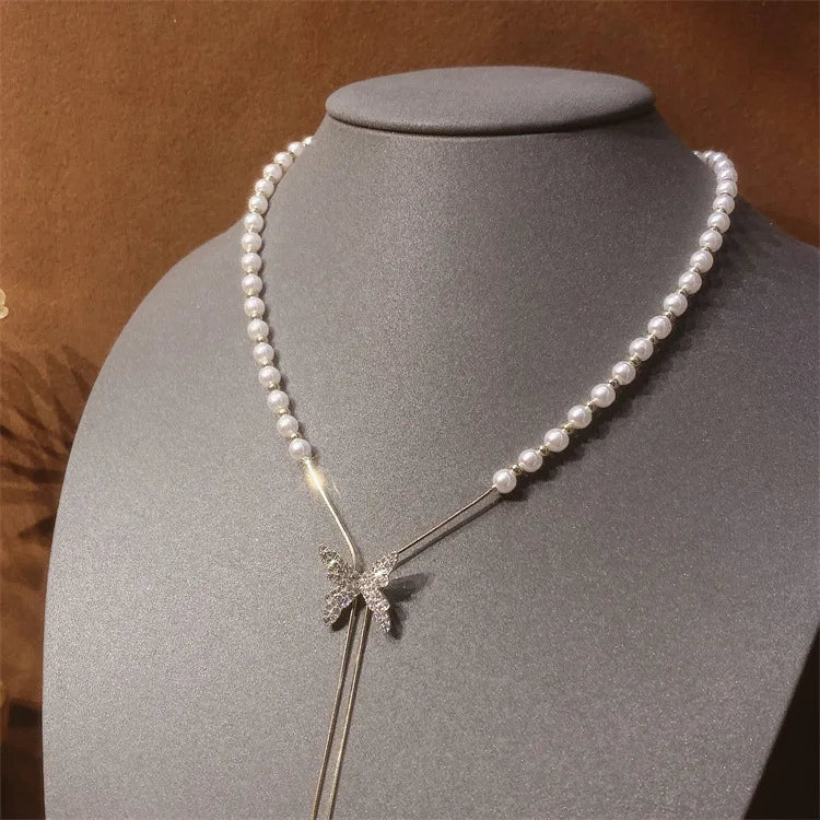 Korea New Luxury All-match Tik Tok Hot Sale Necklace Temperament Goddess Choker Necklace Pearl Butterfly Necklace for Women