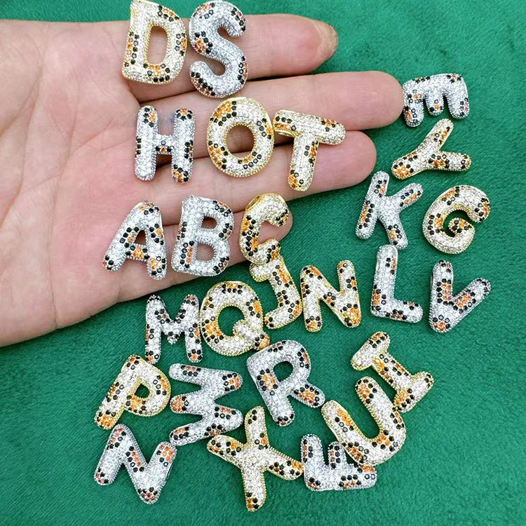 CZ9101 18k Gold Platinum Iced Out Puffy Bubble Leopard Print CZ Pave Monogram Alphabet Initial Diamond Letter Charm Pendant