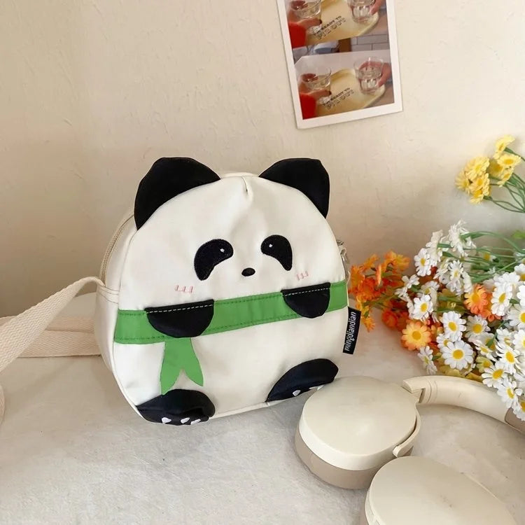 White Cartoon Panda Nylon Adjustable Shoulder Strap Internal Sandwich Mobile Phone Student Shoulder Crossbody with Doll Pendant