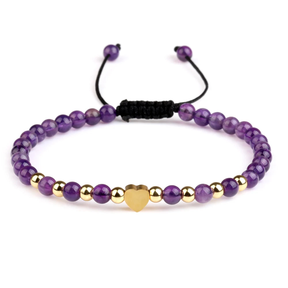 4mm Gemstone Beads Stainless Steel Heart Charm Macrame Adjustable Bracelet for Women