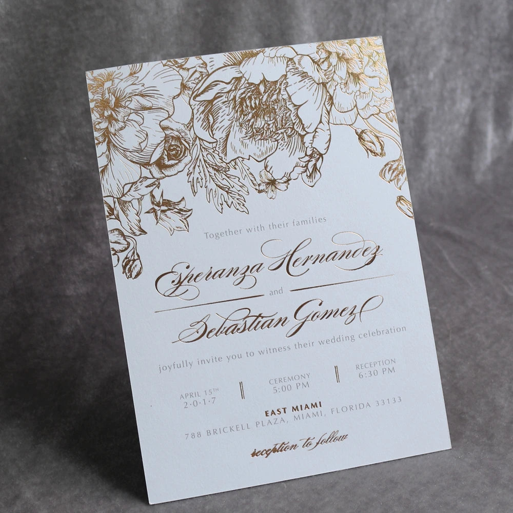 Simple Style Cotton Paper Wedding Invitation Template Floral Rose Gold Marriage Invites Card for Bridal Shower Party