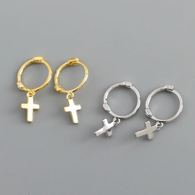 Women Fine Jewelry Stylish Glossy Cross Pendant Earrings S925 Silver Ear Cuff Personality Earrings