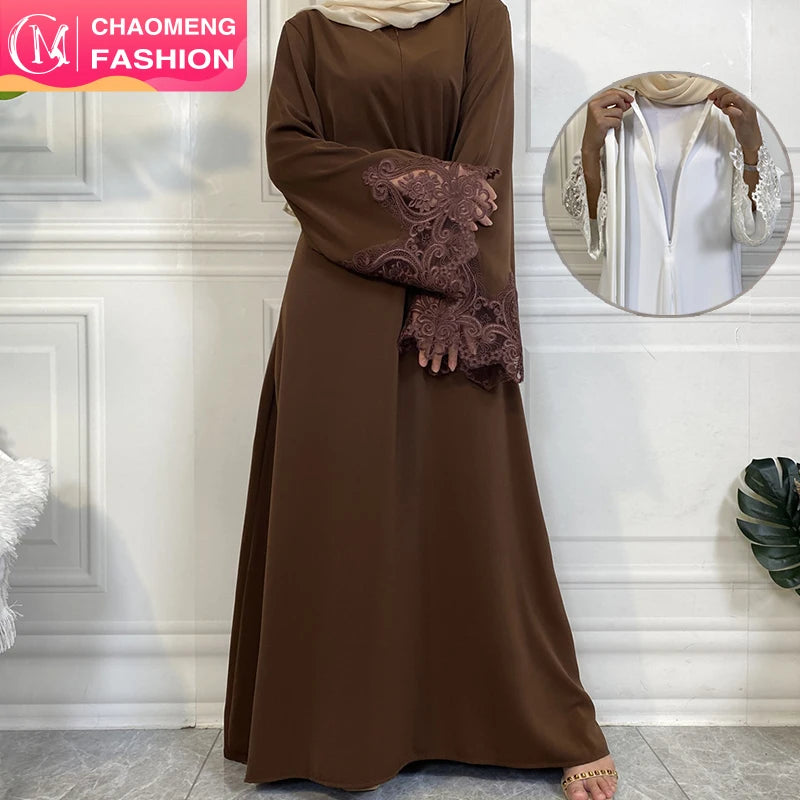 6659# Fashion Simplicity Nida Material Flower Lace Loose Sleeve With Front Zipper Casual Dress New Arrival Design
