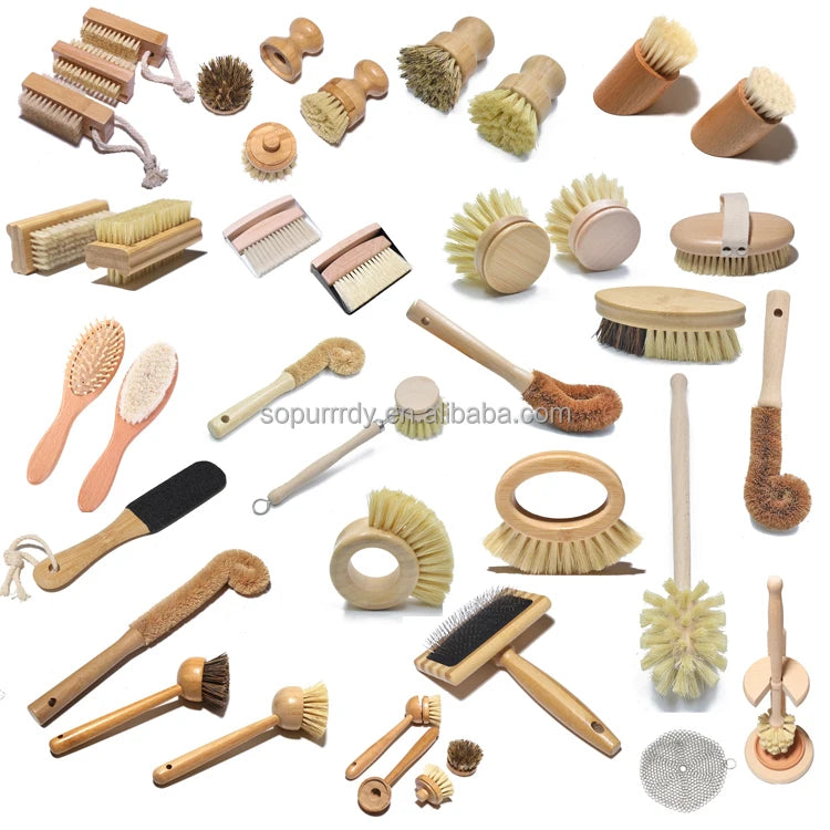 Custom Logo Natural Pan Pot Vegetable Dish Coconut Brushes Eco Biodegradable Bamboo Kitchen Scrub Bottle Cleaning Brush Set