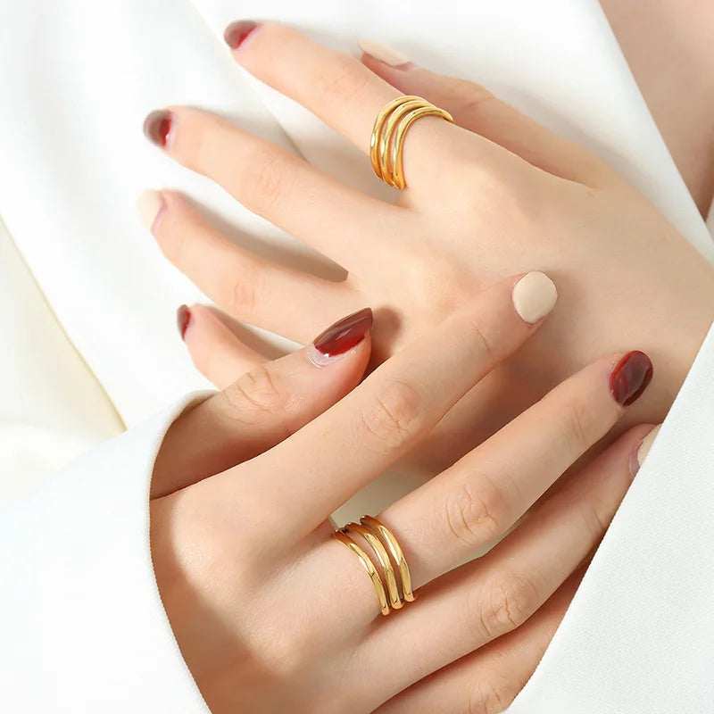 Non-Fading Index Finger Personality Titanium Steel 18K Gold Plated Three-Layer Line Geometric Simple Female Rings