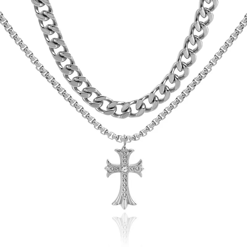 Customized Men Stainless Steel Choker Jewelry Gothic Religious Cross Pendant Double Layer Necklace