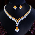 2 Layer Water Drop Zirconia Big Chunky Necklace and Earrings Yellow Party Brides Jewelry Sets for Women Luxury Wedding Decor