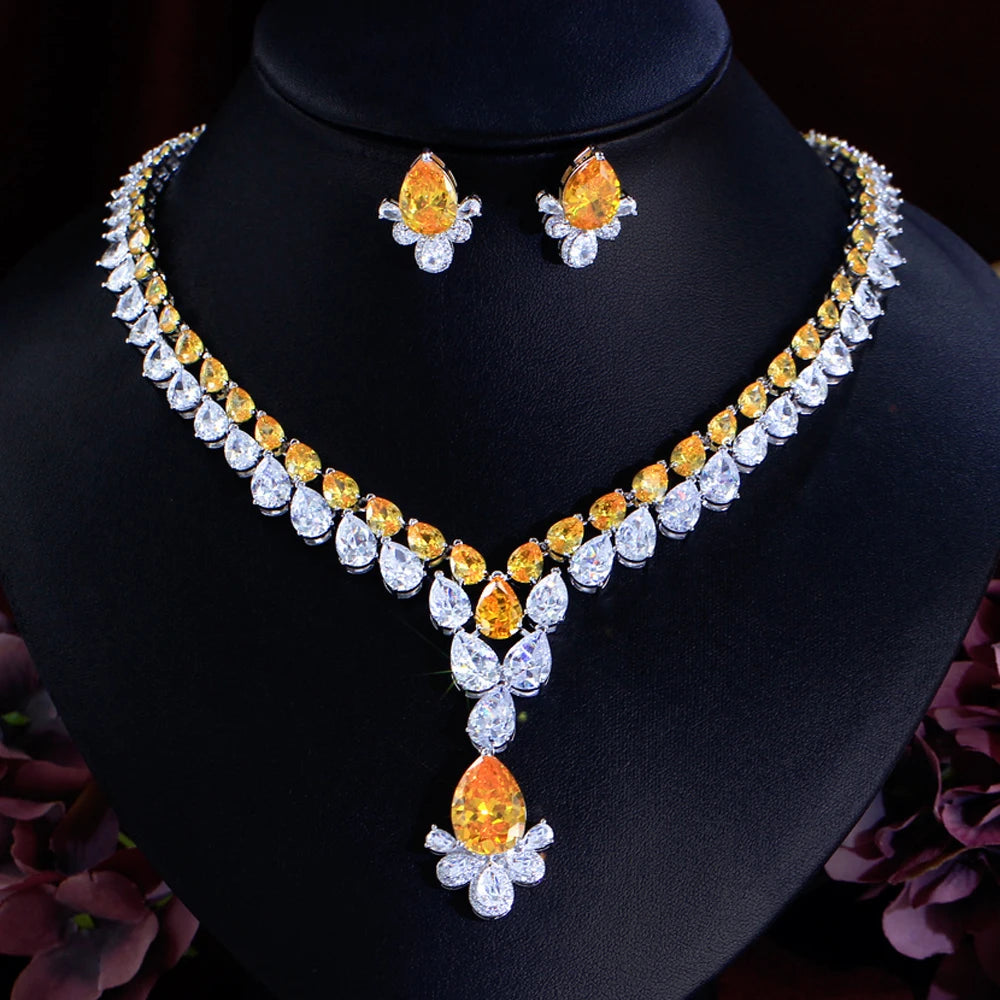 2 Layer Water Drop Zirconia Big Chunky Necklace and Earrings Yellow Party Brides Jewelry Sets for Women Luxury Wedding Decor