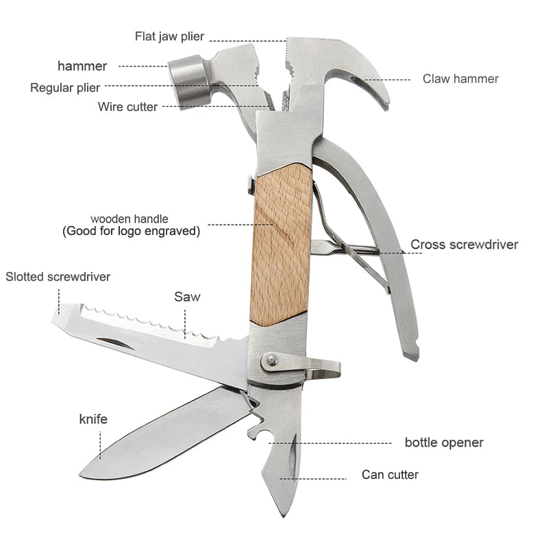 Factory Wholesale Stainless Steel Mini Hammer Multitool Wood Handle Pocket Knife for Camping DIY Grade OEM Customization Metric