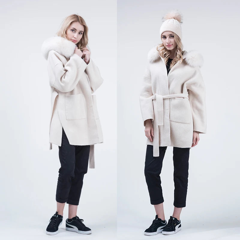 Dropship Wholesale Price Real fox Fur Trim Trench Wool Cashmere and fox Fur Coat