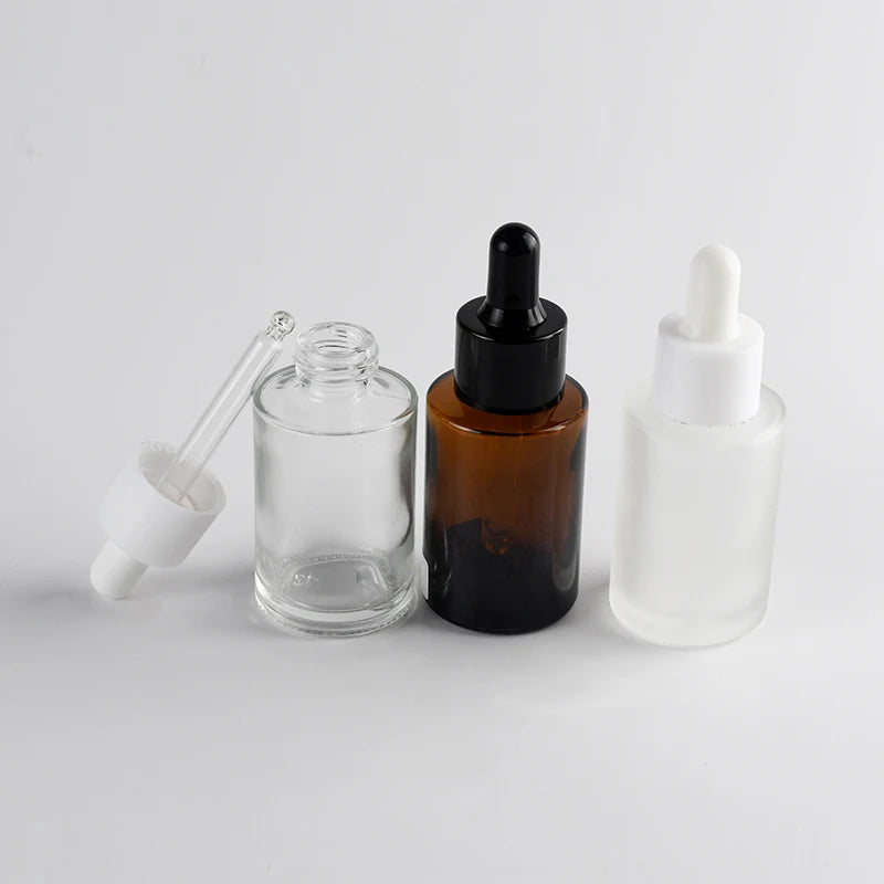 Flat Shoulder 20ml 30ml 50ml 100ml Essential Oil Serum Frosted clear Amber Glass Dropper Bottle with Pipette